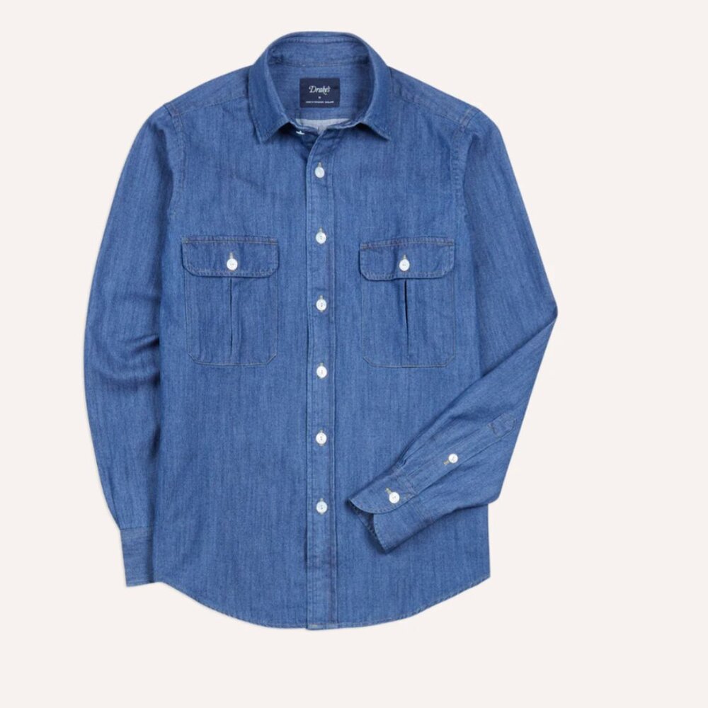 Drakes - Mid-Blue Washed Denim Cotton Two-Pocket Work Shirt - Size S